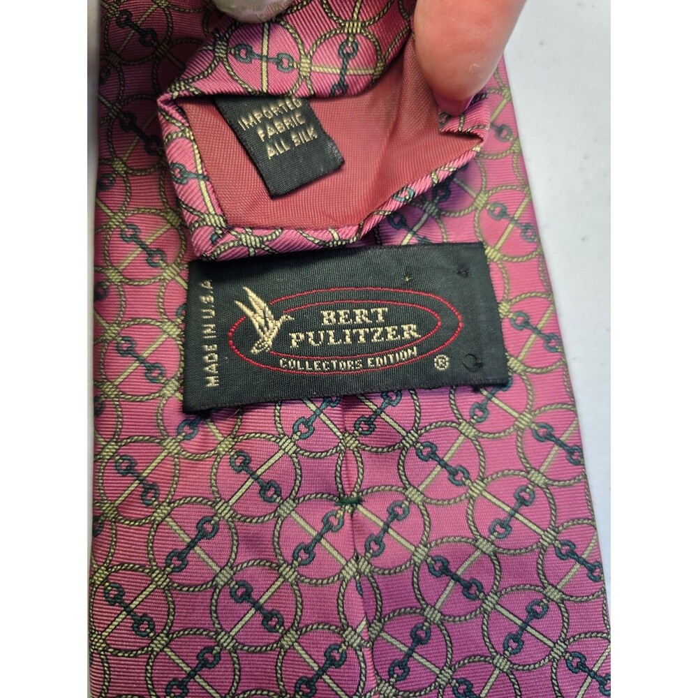 Bert Pulitzer Mens Neck Tie Pink Geometric Classic All Silk Chain Equestrian